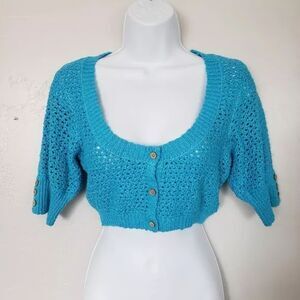 NWOT Free People Beach Women's Bright Blue Crochet Knit Crop Top Cardigan Sz S